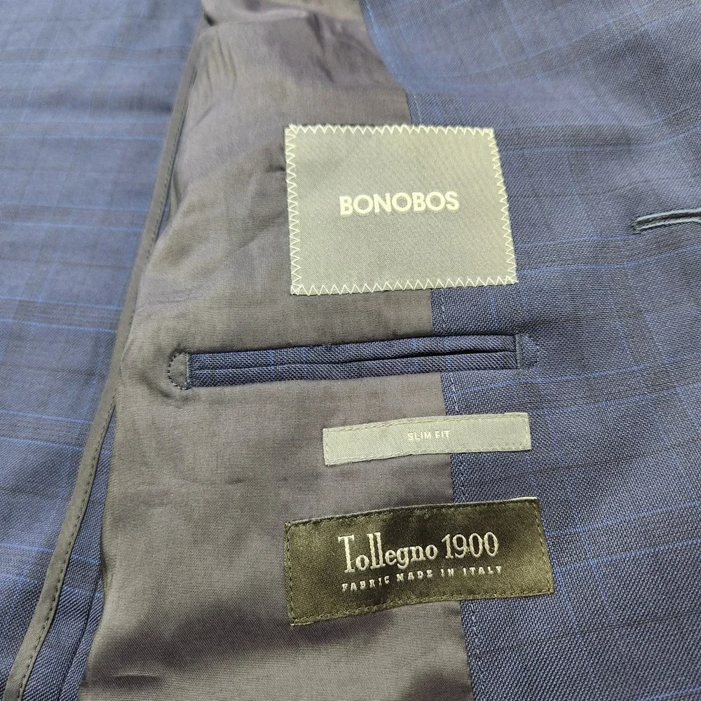 Bonobos Tollegno 1900 Blazer Jacket Mens 40R Slim Fit Blue Plaid Windowpane Wool
